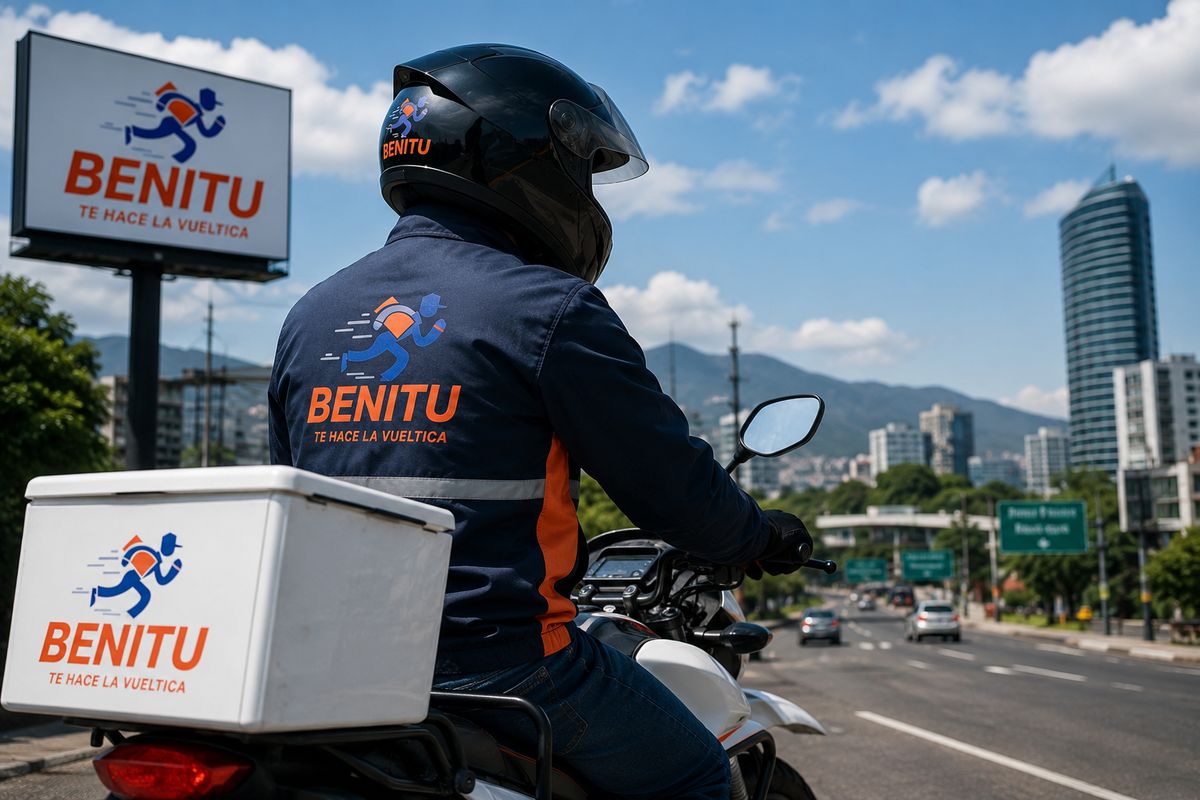 Mensajero BENITU en motocicleta con caja de paquetería empresarial en carretera de El Salvador